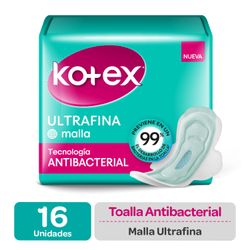 Toallas Higiénicas Kotex Ultrafinas Malla Antibacterial con Alas 16 un.