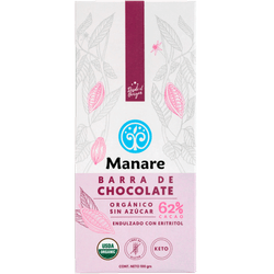 Chocolate Amargo Manare Orgánico Sin Azcúcar 62% Cacao  100 g